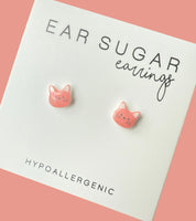 Pink Cat Face stud earrings hypoallergenic made in the USA by Ear Sugar