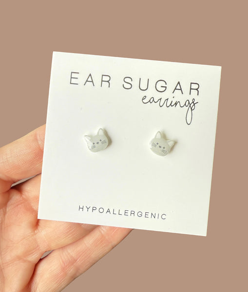 Light Gray Cat Face stud earrings hypoallergenic made in the USA by Ear Sugar