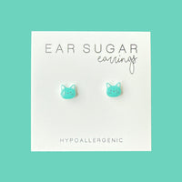 Teal Cat Face stud earrings hypoallergenic made in the USA by Ear Sugar