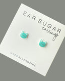 Teal Cat Face stud earrings hypoallergenic made in the USA by Ear Sugar