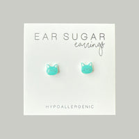 Teal Cat Face stud earrings hypoallergenic made in the USA by Ear Sugar