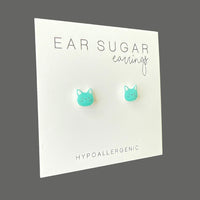 Teal Cat Face stud earrings hypoallergenic made in the USA by Ear Sugar