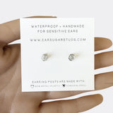 Hand holding a card with earrings and product information on a light background