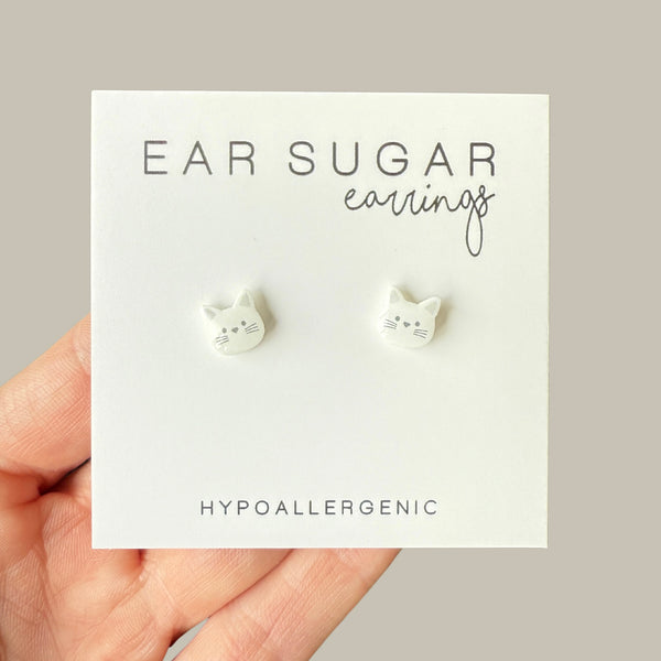 White Cat Face stud earrings hypoallergenic made in the USA by Ear Sugar