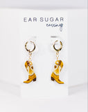 Cowboy boot earrings on a white background with 'Ear Sugar' branding.
