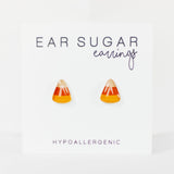 Candy corn-shaped earrings on a white background with 'Ear Sugar' branding.