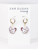 Chicken-shaped earrings on a 'Ear Sugar' branded card against a white background