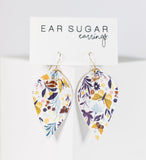 Floral and white faux leather leaf dangle earrings by Ear Sugar