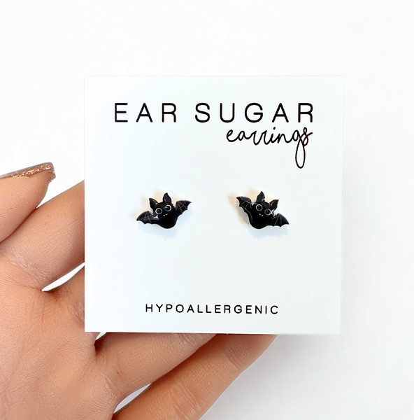 Black bats stud earrings hypoallergenic made in the USA by Ear Sugar