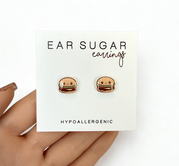 Hamburger food earrings hypoallergenic made in the USA by Ear Sugar