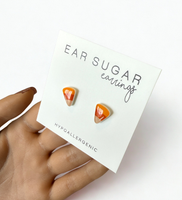 Candy Corn Halloween earrings hypoallergenic made in the USA by Ear Sugar