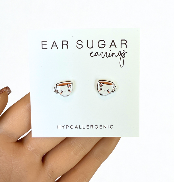 Cute Tea cup stud earrings hypoallergenic made in the USA by Ear Sugar
