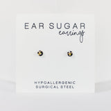 Pair of 'Ear Sugar' earrings on a white background with text indicating hypoallergenic and surgical steel material.