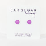Purple round earrings on a white background with 'Ear Sugar' branding.