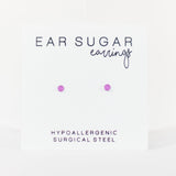 Earring display card with 'Ear Sugar earrings' and 'Hypoallergenic Surgical Steel' text on a white background.