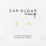 Ear sugar earrings with hypoallergenic surgical steel text on a white background