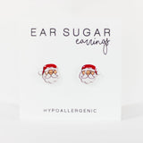 Hypoallergenic Santa Claus-themed earrings on a white background with 'Ear Sugar' branding.