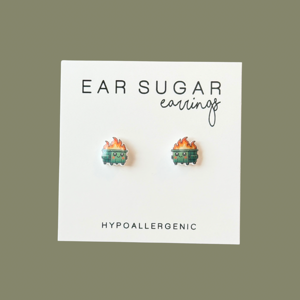 Dumpster Fire funny stud earrings hypoallergenic made in the USA by Ear Sugar