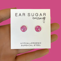 Blossom pink glitter stud earrings by Ear Sugar hypoallergenic made in the USA