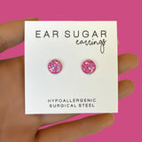 Blossom pink glitter stud earrings by Ear Sugar hypoallergenic made in the USA