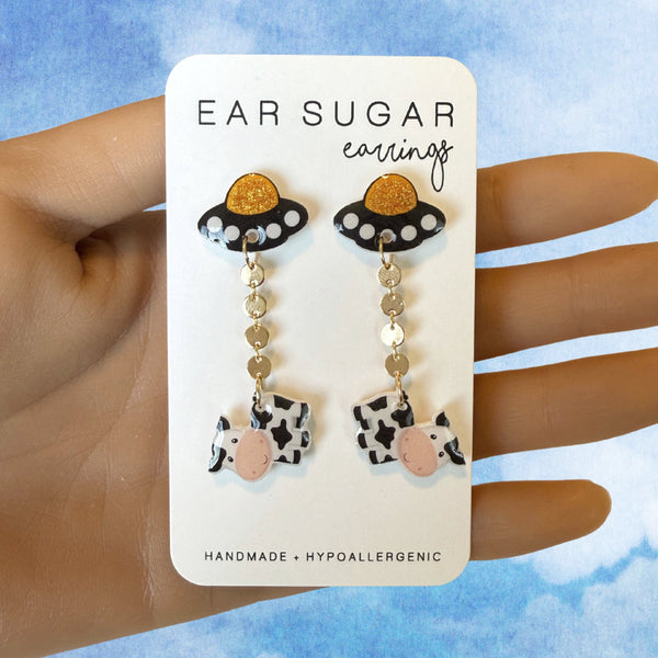 Cow Abduction earrings with gold filled chain handmade hypoallergenic surgical steel posts and backs