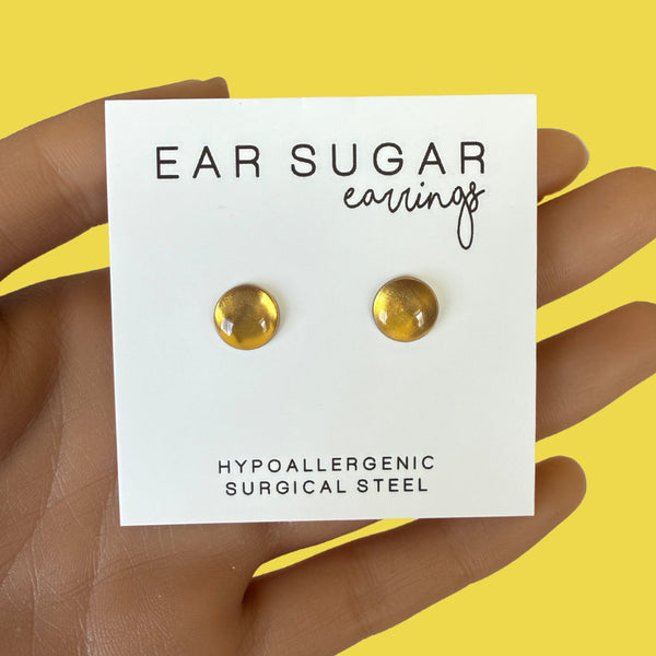 Fools Gold shiny gold stud earrings by Ear Sugar hypoallergenic made in the USA