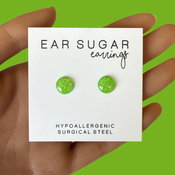 Granny Smith green glitter stud earrings by Ear Sugar hypoallergenic made in the USA