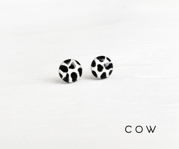 Cow print black and white studs hand painted earrings by Ear Sugar