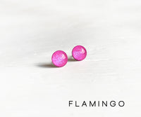 Flamingo pink shimmer stud earrings by Ear Sugar non irritating to ears
