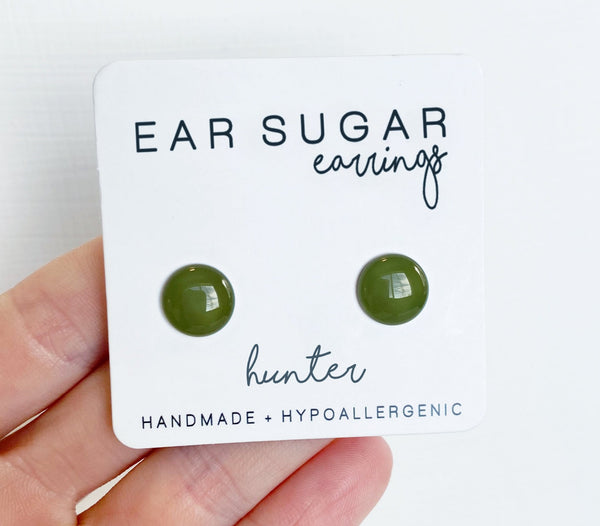Hunter green stud earrings by Ear Sugar hypoallergenic made in the USA