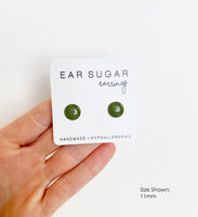 Hunter green stud earrings by Ear Sugar hypoallergenic made in the USA