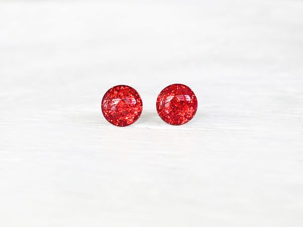 Ruby Slipper red glitter stud earrings by Ear Sugar handmade in USA