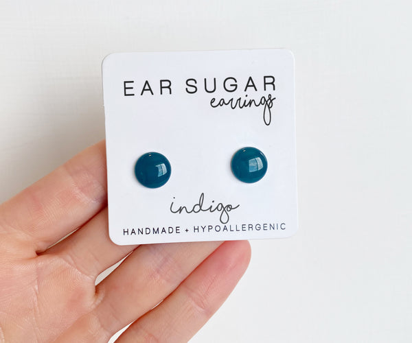 Indigo blue stud earrings by Ear Sugar hypoallergenic made in the USA