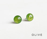 Olive green shimmer stud earrings by Ear Sugar hypoallergenic made in the USA