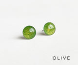 Olive green shimmer stud earrings by Ear Sugar hypoallergenic made in the USA