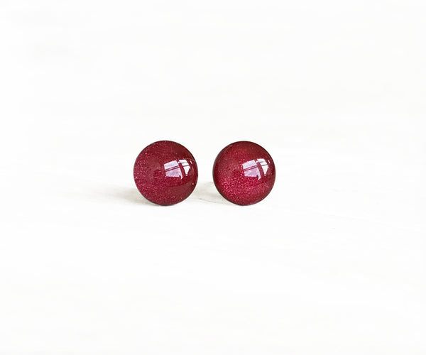 Pomegranate red shimmer surgical steel stud earrings by Ear Sugar