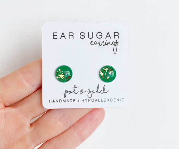 Pot of Gold green and gold glitter stud earrings by Ear Sugar made in the USA