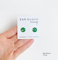Pot of Gold green and gold glitter stud earrings by Ear Sugar made in the USA