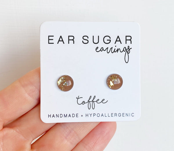 Toffee mocha and gold stud earrings by Ear Sugar made in the USA
