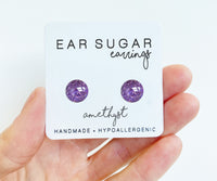 Amethyst purple glitter dot earrings hypoallergenic by Ear Sugar