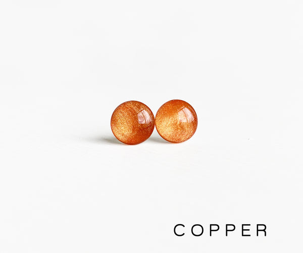 Copper shimmer dot stud earrings by Ear Sugar hypoallergenic and comfortable