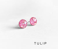 Tulip pink glitter round earrings by Ear Sugar made in the USA