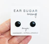 Onyx black round stud earrings by Ear Sugar hypoallergenic made in the USA