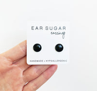 Onyx black round stud earrings by Ear Sugar hypoallergenic made in the USA