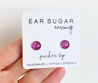 Pucker Up dark pink glitter stud earrings by Ear Sugar made in the USA