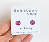 Pucker Up dark pink glitter stud earrings by Ear Sugar made in the USA