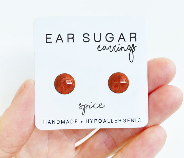 Spice deep orange shimmer stud earrings by Ear Sugar made in the USA